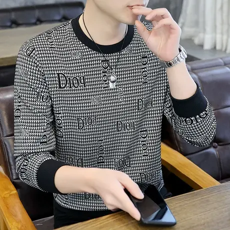潮牌圆领卫衣男士春秋季韩版提花长袖T恤宽松休闲内搭体恤衫秋衣图片
