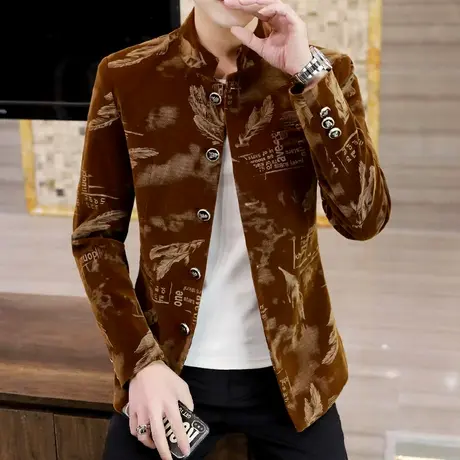 男装春季中华立领夹克外套潮流痞帅青年中山装西服男士韩版花西装商品大图