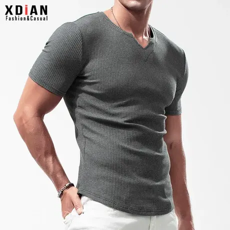 螺纹短袖T恤男士前短后长纯棉透气弹力紧身修身打底衫体恤夏季潮商品大图
