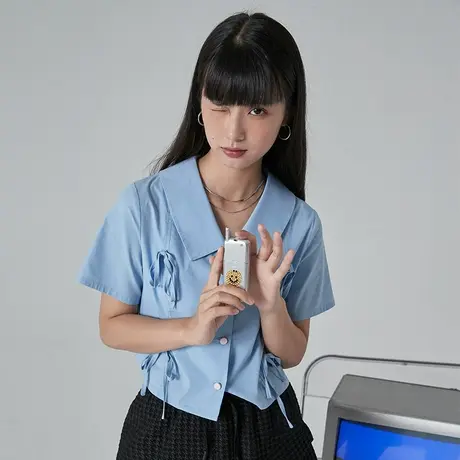 omont蛋挞家 复古蝴蝶结短款衬衫女夏短袖薄款设计感小众别致上衣商品大图