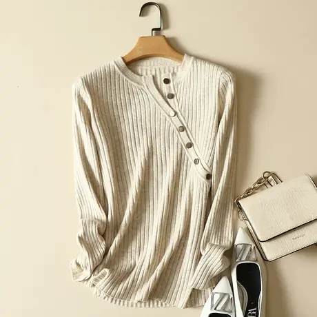 秋冬复古斜襟七粒扣套头针织衫女士洋气黑色百搭毛衣修身打底上衣图片