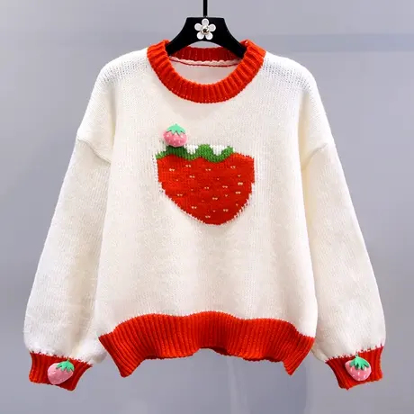 日系甜美草莓提花毛衣女冬季2023新款宽松慵懒风洋气减龄针织衫图片