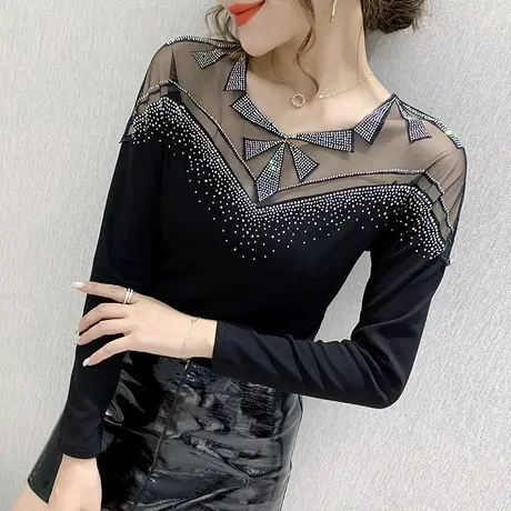 2025春秋新款设计感烫钻T恤女长袖网纱拼接洋气质上衣百搭打底衫图片