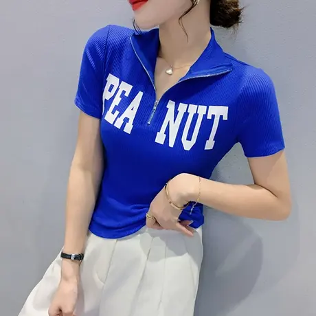 2024夏装新款洋气拉链短袖T恤女设计感小众印花上衣别致修身小衫商品大图