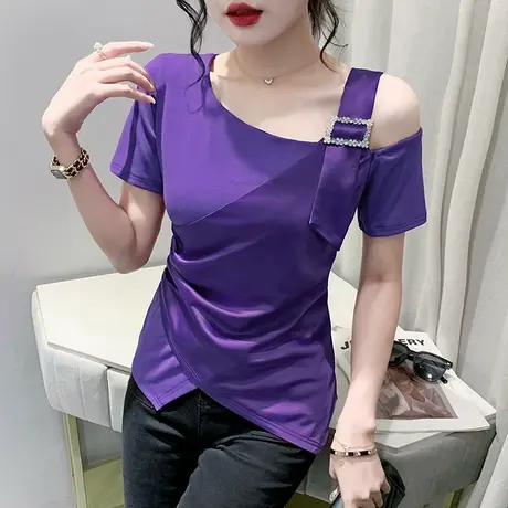 性感露肩短袖T恤女ins潮设计感不规则开叉上衣气质收腰小衫半袖夏图片