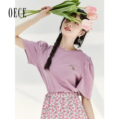Oece温柔紫色短袖上衣年夏季新款女装复古泡泡袖气质圆领T恤图片