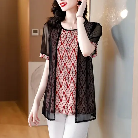 中长款女士网纱小衫夏季2023年新款假两件宽松显瘦遮肚雪纺衫上衣图片