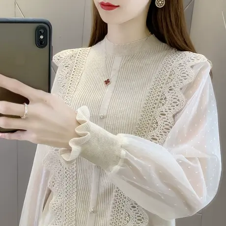 假两件女秋装2023年新款蕾丝雪纺针织衫薄款打底衫女毛衣外穿洋气图片