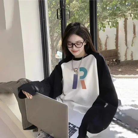 爆款潮牌休闲秋冬插肩长袖t恤女纯棉宽松圆领拼接小众打底衫上衣商品大图