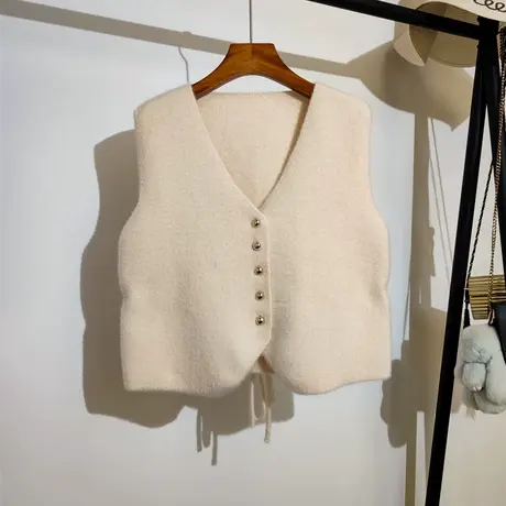 小香风针织马甲开衫女秋冬新款背后系带无袖坎肩毛衣背心马夹外套图片