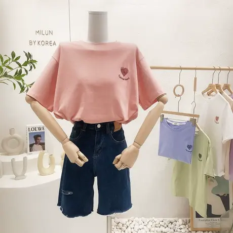 2022夏装新款韩国东大门ins简约爱心短袖上衣打底T恤闺蜜姐妹装图片