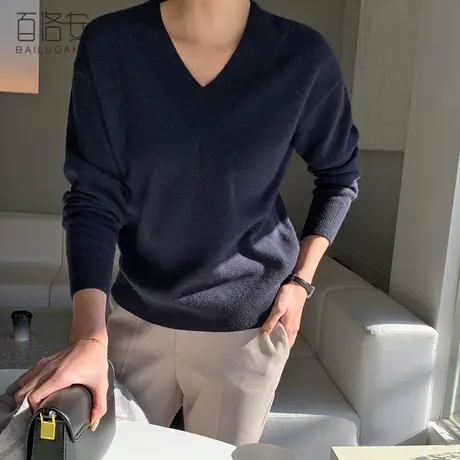 百洛安长袖针织衫女上衣春装新款气质V领长袖毛衣宽松百搭套头衫商品大图