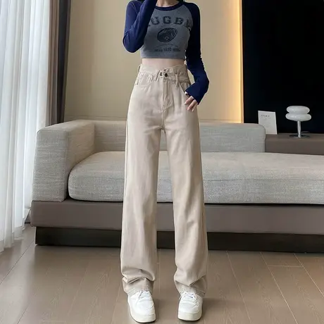 卡其色牛仔裤女小众设计感春秋新款窄版高腰阔腿宽松显瘦直筒裤子商品大图