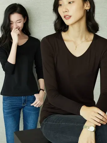 两件装 t恤女长袖宽松显瘦莫代尔v领上衣2023春装新款内搭打底衫商品大图