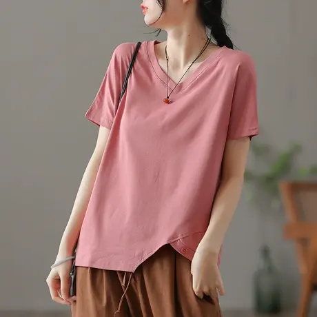 dza 复古开叉短袖t恤女士夏季薄款宽松V领体恤纯棉上衣显瘦打底衫商品大图
