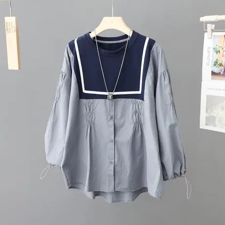 洋气海军领拼接套头长袖衬衫女春季新款宽松显瘦别致衬衣上衣潮商品大图