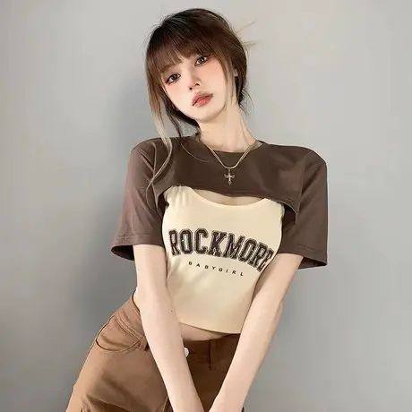 2024夏季款甜辣风打底吊带背心短款T恤罩衫两件套辣妹短袖上衣女图片