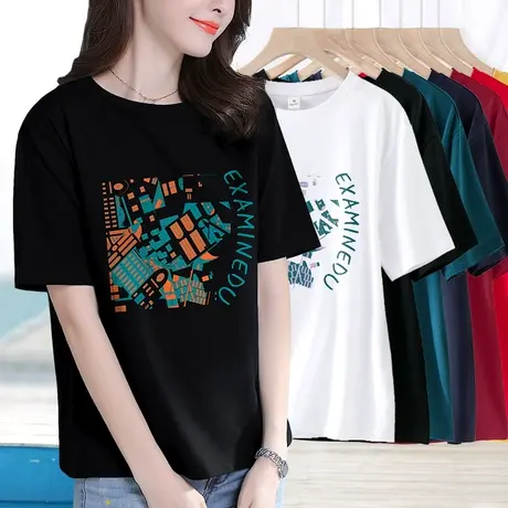 黑色简约印花短袖t恤圆领宽松休闲减龄体恤显瘦百搭纯棉内搭打底商品大图