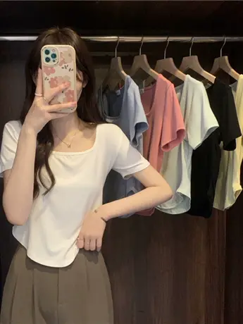 欧货短款短袖t恤女2023新款夏季法式甜辣风纯欲小众设计感上衣服商品大图