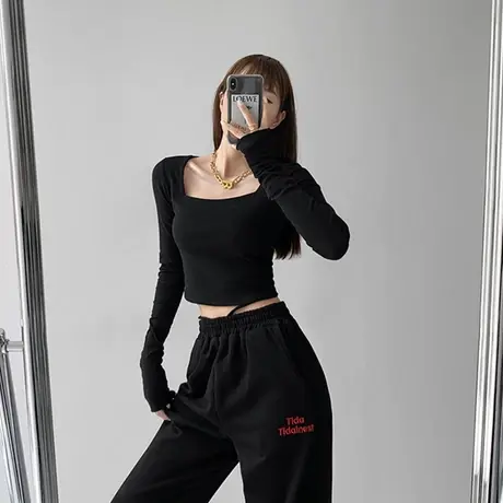 2024早秋季新款方领露锁骨气质纯色秋冬打底衫女小众修身长袖T恤商品大图