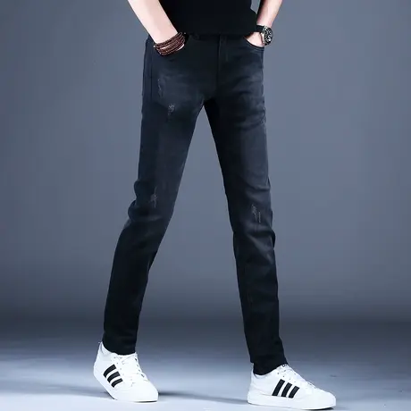 2023男士秋冬牛仔裤简约修身印花黑色百搭小脚裤男潮牌欧版棉弹裤图片