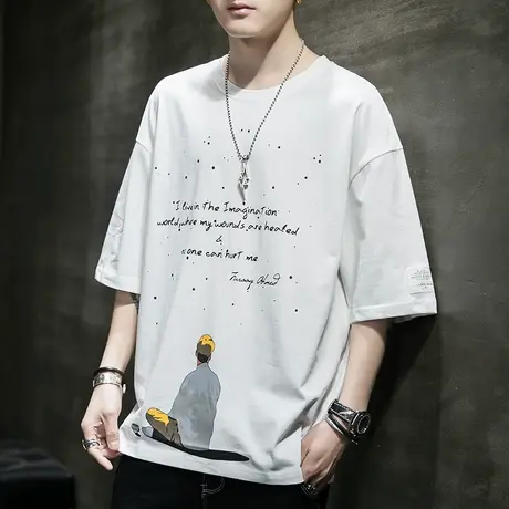 夏季纯棉短袖男潮牌潮流港风ins宽松t恤落肩半袖体恤男士男装衣服商品大图