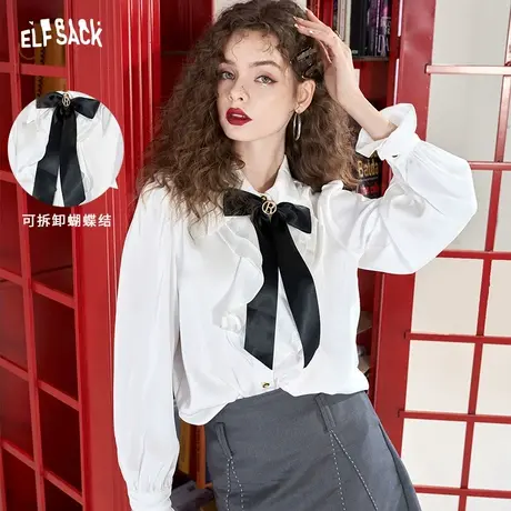 妖精的口袋缎面宫廷风白色法式衬衫女2023秋季新款蝴蝶结质感小衫图片