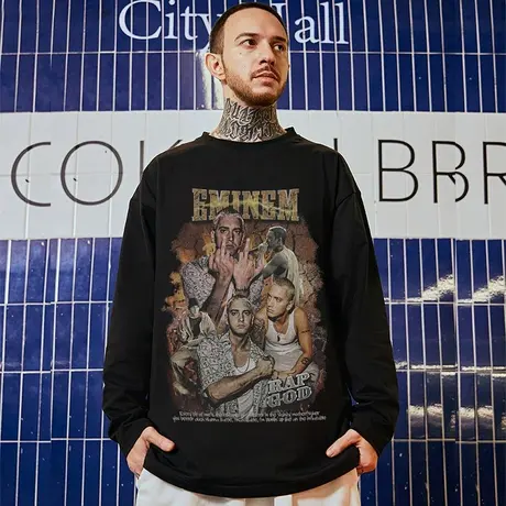 oversize美式潮牌胖子男装加肥加大码国潮嘻哈宽松长袖T恤春秋季商品大图