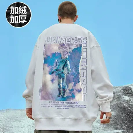 欧美潮牌无帽加绒卫衣男潮ins胖子宽松潮流圆领加肥加大码潮秋冬图片