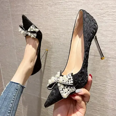 永希女鞋珍珠水钻高跟鞋女2024年春季仙女风单鞋女尖头气质女鞋子图片