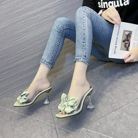 蝴蝶结超高跟凉鞋女夏季百搭外穿细跟仙女风凉拖透明带欧美拖鞋潮商品大图