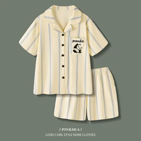 睡衣女士夏季薄款纯棉短袖短裤条纹套装新款高级感熊猫家居服夏天商品大图