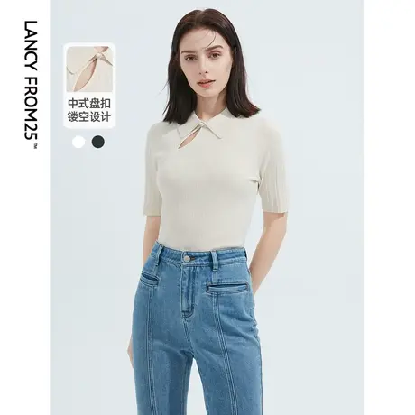 【会员专享】朗姿法式polo上衣黑色白色针织衫女设计感秋季新款商品大图