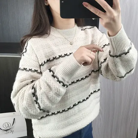 半高领套头毛衣女装2023秋冬新款宽松慵懒风条纹针织衫女士上衣图片