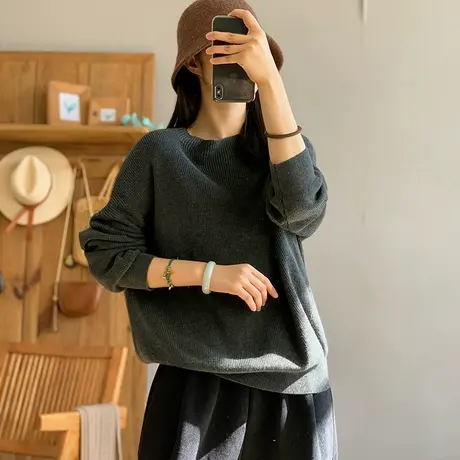 dza 复古羔羊毛纯色竖条绒针织毛衣女秋冬内搭圆领上衣宽松打底衫图片