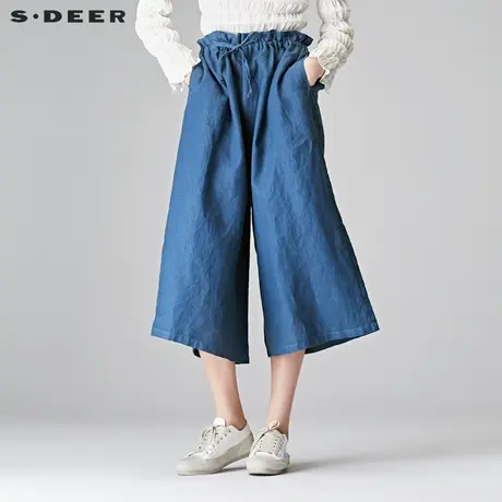 sdeer圣迪奥2019春装宽松休闲系腰蓝色亚麻阔腿裤九分裤S18180820商品大图