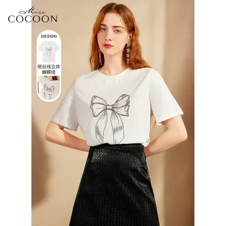 missCOCOON白色短袖T恤女夏季2023新款设计感别致蝴蝶结印花上衣图片