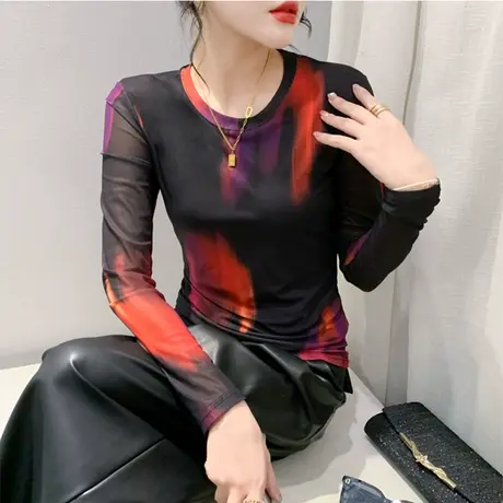欧货复古2024新款T恤晕染网纱印花气质减龄修身内塔上衣女打底衫商品大图