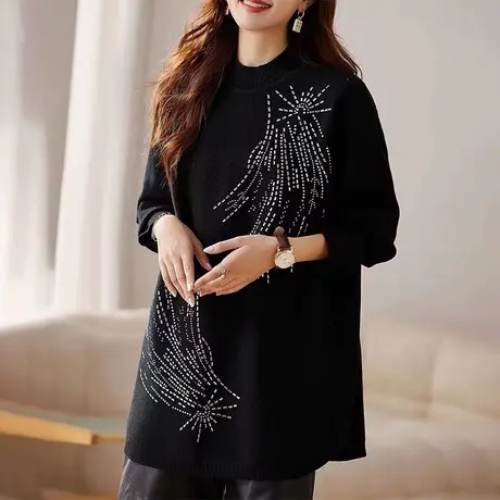 2023年新款女装韩版胖mm秋冬款大码设计款烫钻毛衣百搭长袖上衣女图片