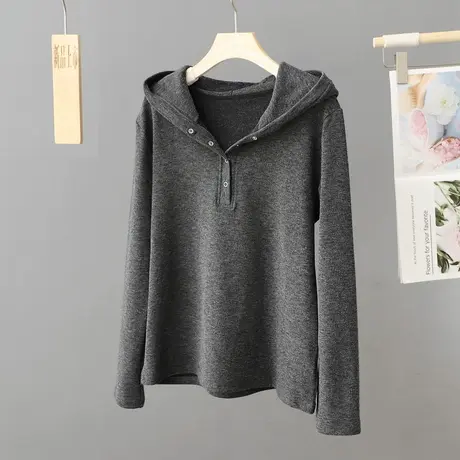 秋冬新款连帽打底衫女长袖2024年保暖加厚百搭纽扣短款上衣t恤衫商品大图