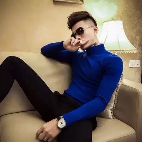 2023冬季纯色休闲毛衣潮男韩版修身半高领打底针织衫社会小伙网红商品大图