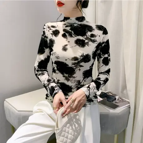 复古印花网纱打底衫女春秋内搭洋气半高领上衣设计感修身长袖T恤商品大图