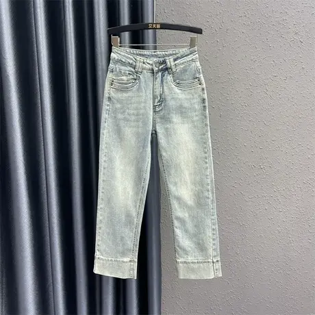 欧货重工磨白牛仔直筒裤女24春季新款浅蓝色高腰显瘦烟管裤九分裤图片