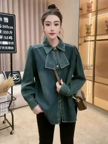蝴蝶结复古加绒牛仔衬衫女内搭叠穿2024新款秋冬显瘦宽松长袖上衣商品大图