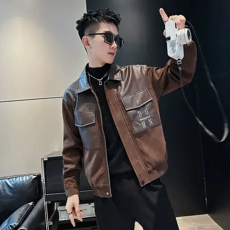 秋冬季工装外套男新款复古高级感皮绒拼接发型师机车休闲夹克上衣商品大图