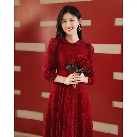 长袖敬酒服新娘冬季结婚订婚礼服连衣裙回门便装小个子蕾丝娃娃领商品大图