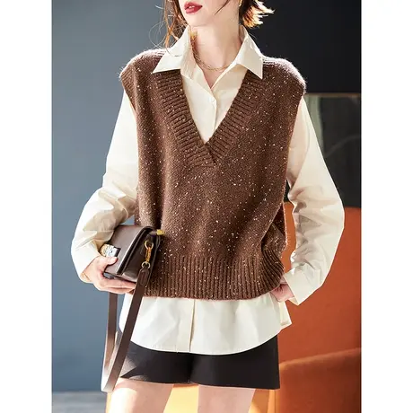 宝诗黎亮片针织马甲衬衫2024春季新款休闲宽松长袖衬衣两件套女装图片