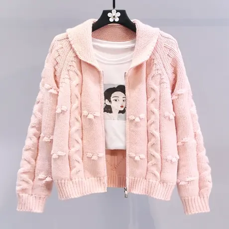 日系甜美麻花翻领拉链毛衣外套女冬季2024新款设计感减龄针织开衫商品大图