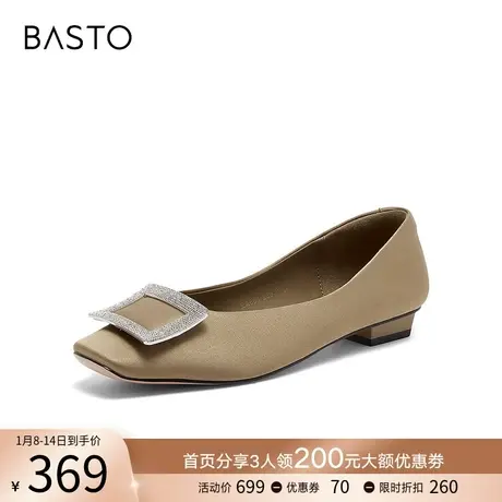 百思图2024春季新款时尚气质通勤钻扣粗跟方头女浅口单鞋EA803AQ4商品大图