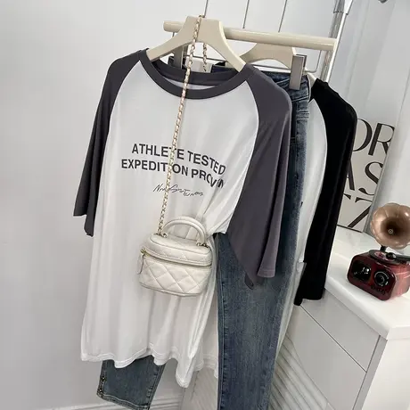 清凉舒适莫代尔拼色短袖t恤女夏季薄款宽松慵懒风中长款半袖上衣商品大图